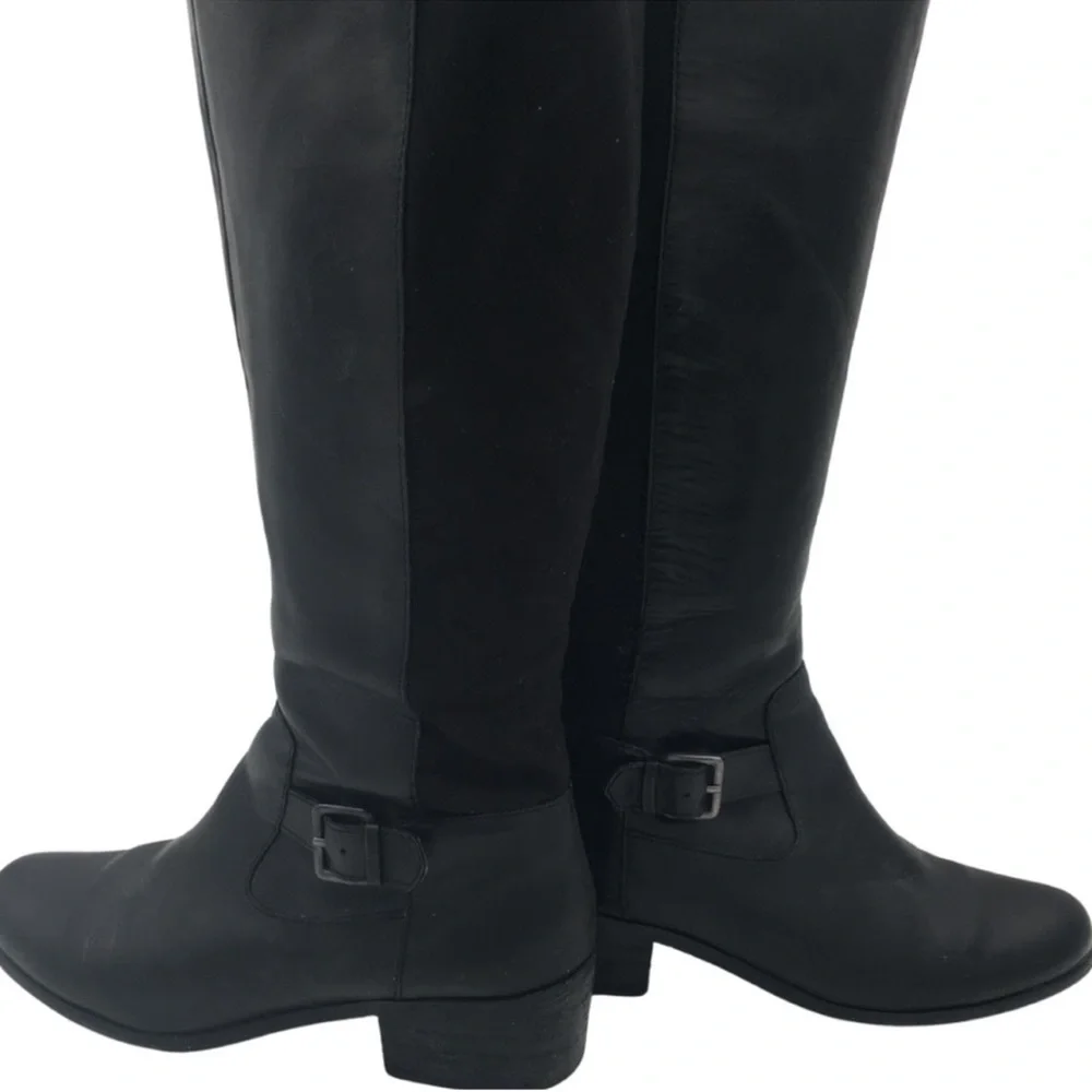 Tahari Kent Leather Tall Black Buckle Riding Equestrian Boots size 8.5‎